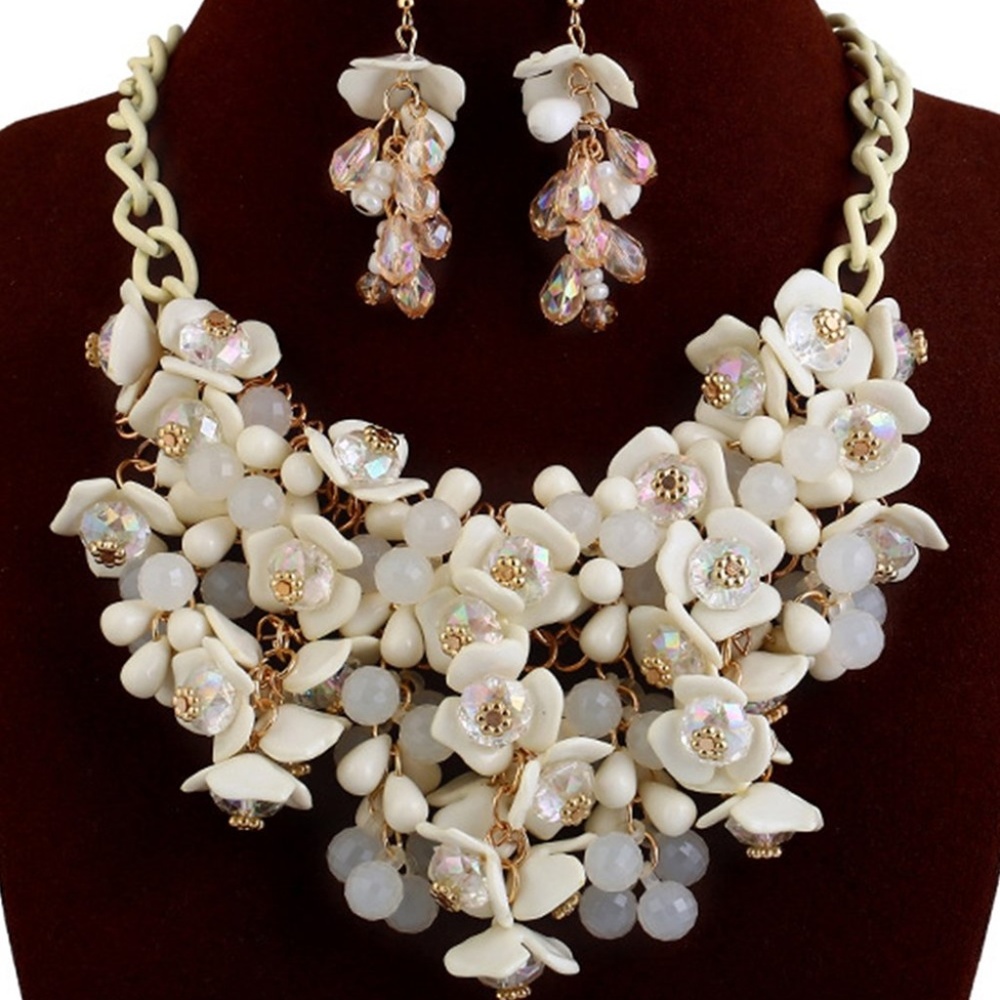 White Floral Beaded Statement Necklace/Earrings